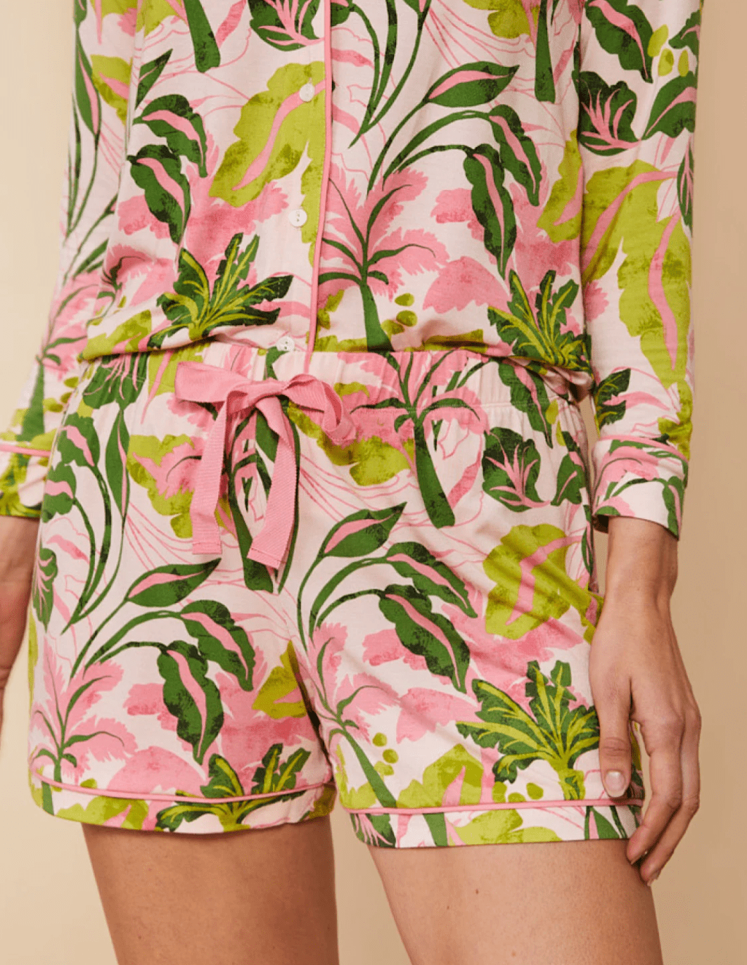 Palm Leaf Pajama Shorts – Modal Knit | Drawstring Waist | Contrast Piping | Coastal Sleepwear