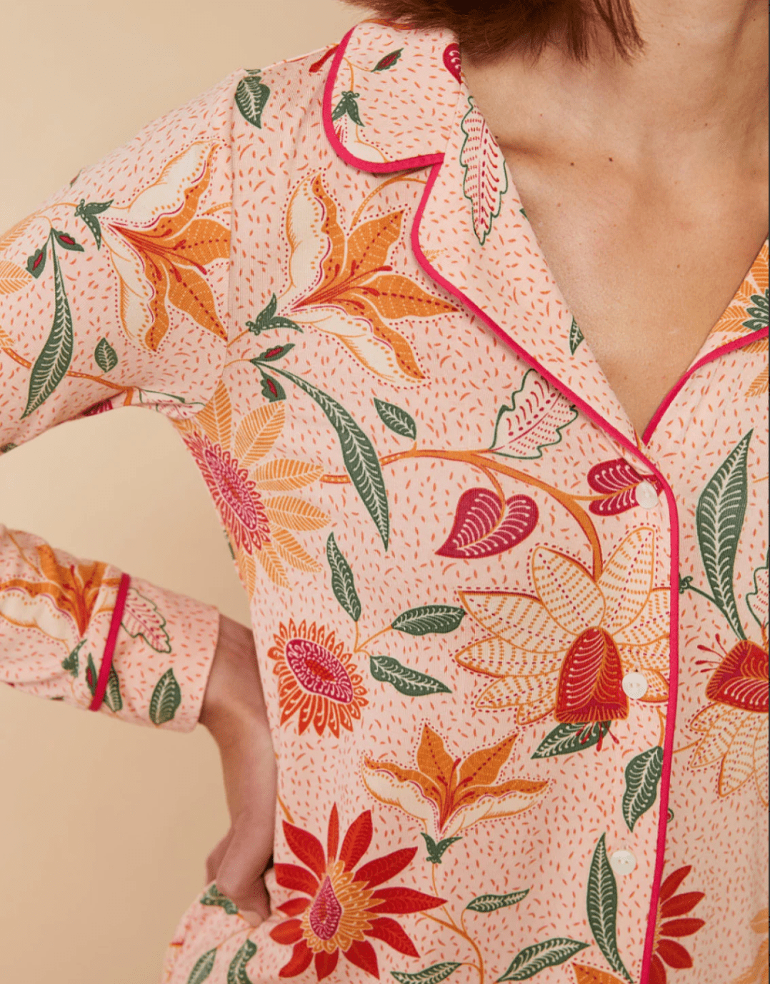 Boho Floral Peach Pajama Top – Modal Knit | Long Sleeve | Button Front | Botanic Garden