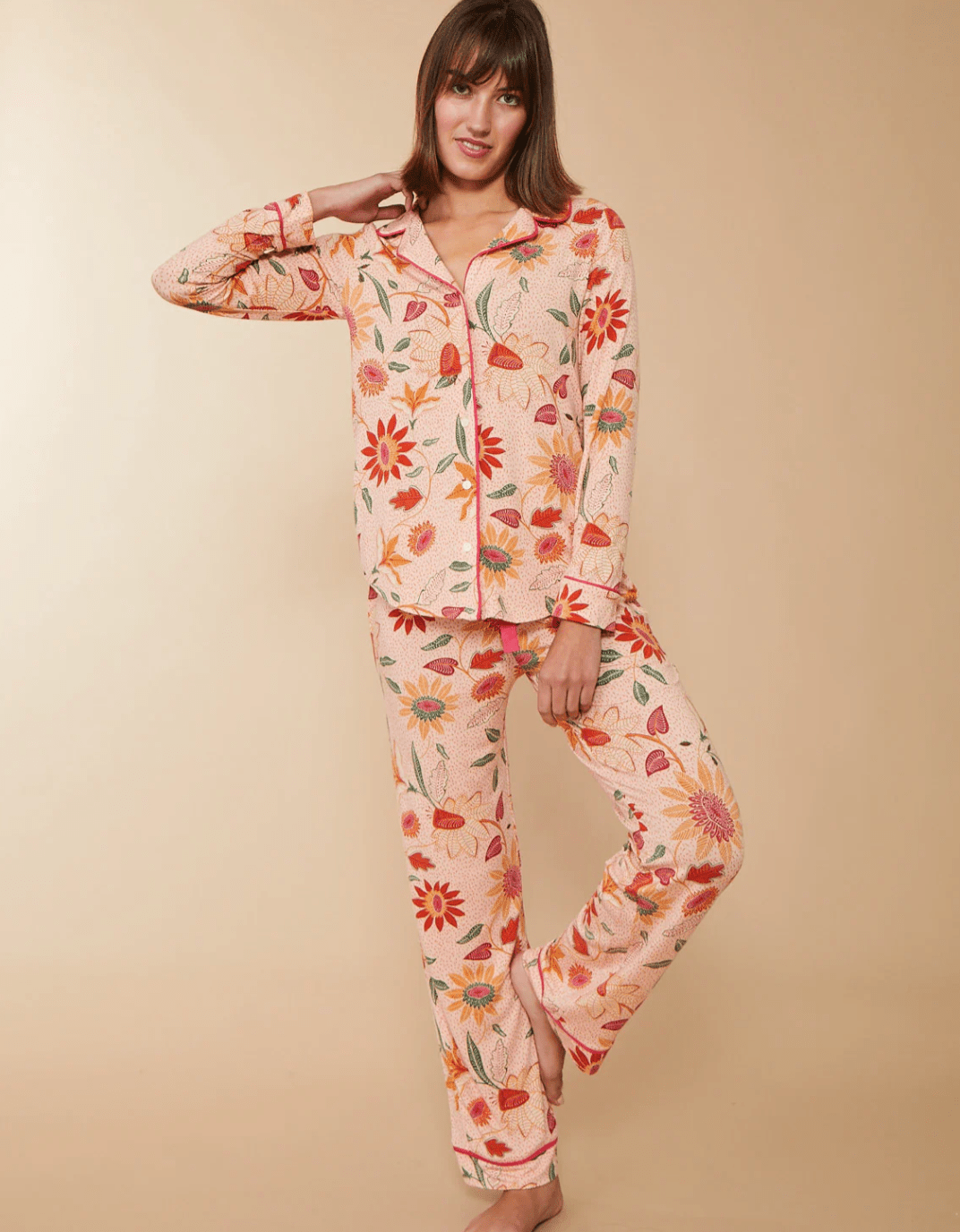 Boho Floral Peach Pajama Top – Modal Knit | Long Sleeve | Button Front | Botanic Garden