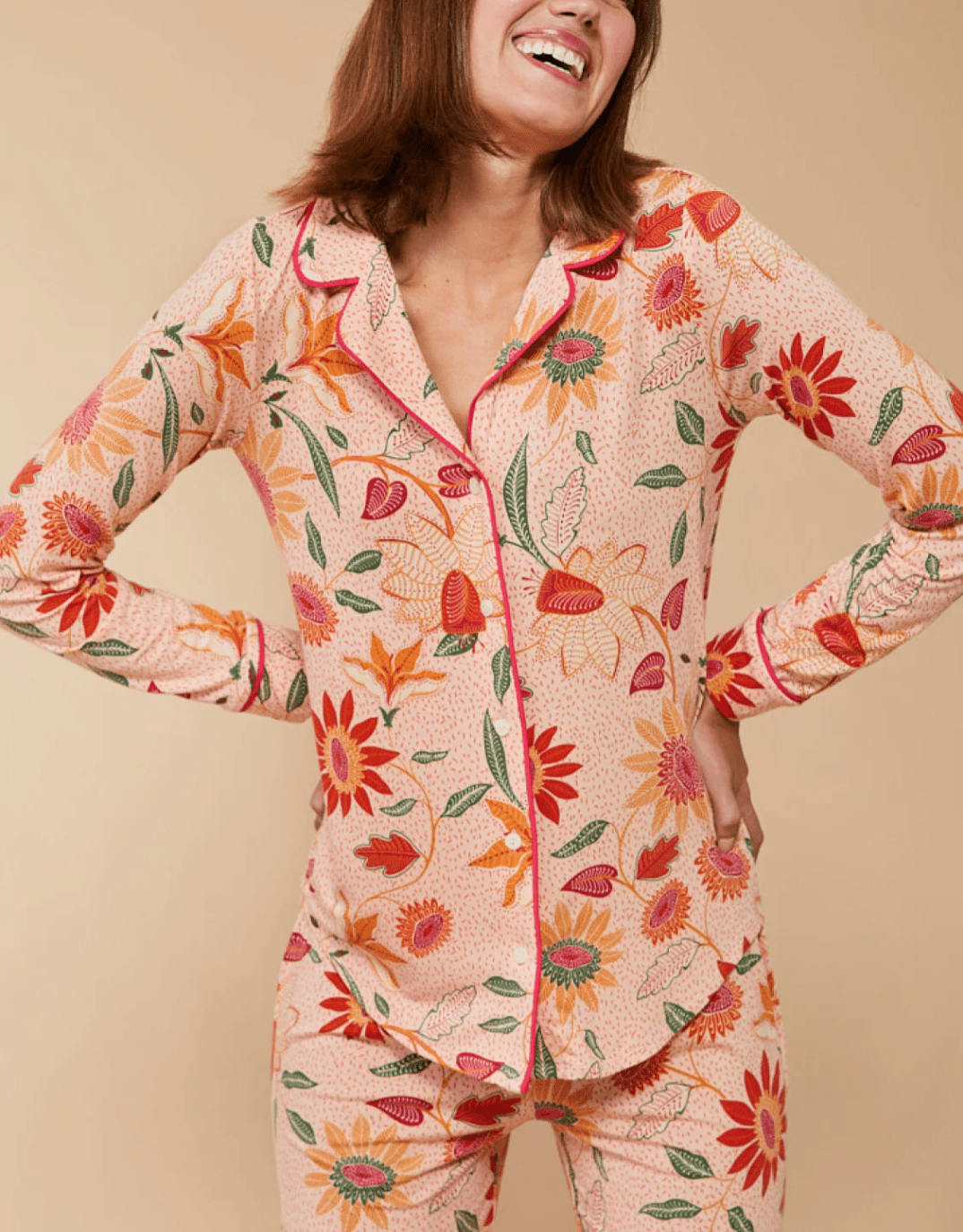 Boho Floral Peach Pajama Top – Modal Knit | Long Sleeve | Button Front | Botanic Garden