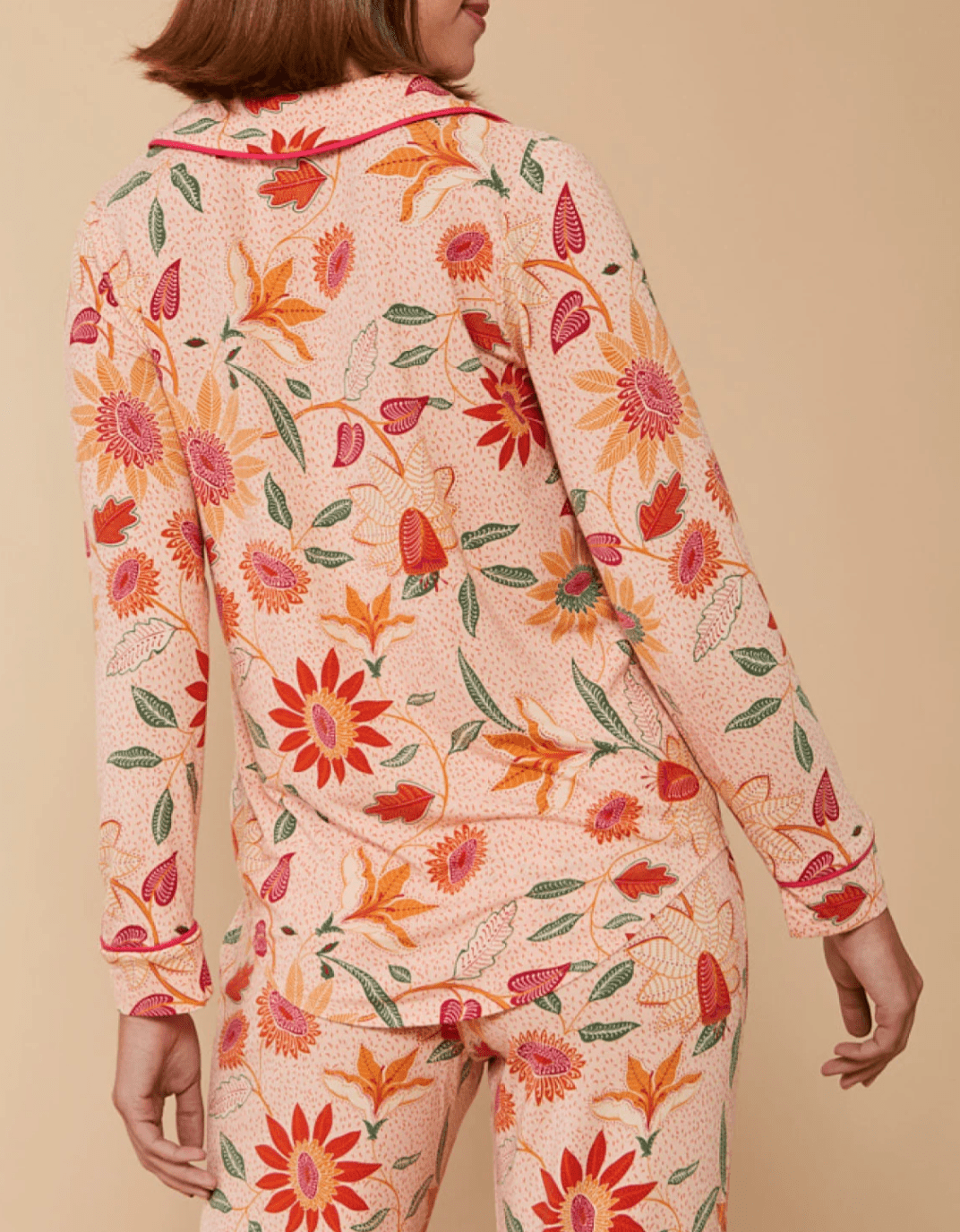 Boho Floral Peach Pajama Top – Modal Knit | Long Sleeve | Button Front | Botanic Garden