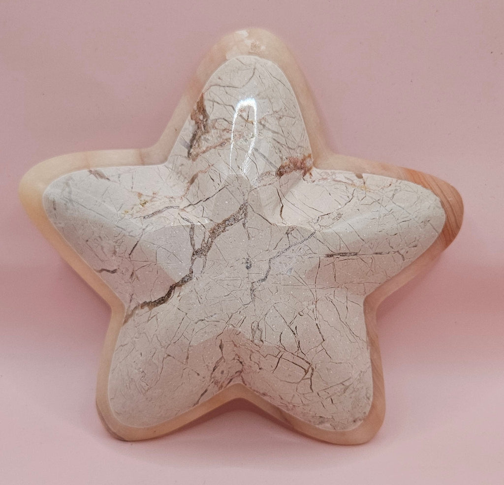 Polished Onyx Star Dish | Pale Marbled Stone | Blush & Ivory | 6.25" Point to Point
