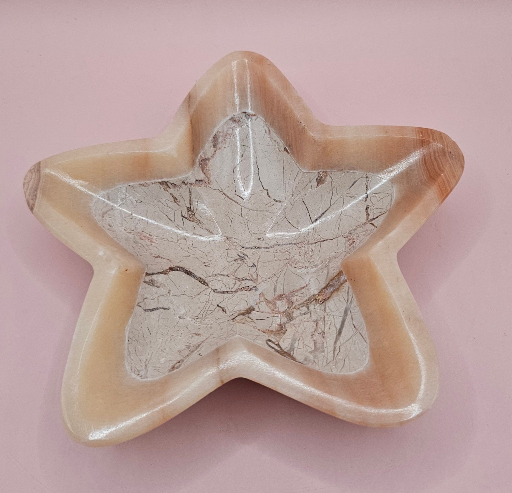 Polished Onyx Star Dish | Pale Marbled Stone | Blush & Ivory | 6.25" Point to Point