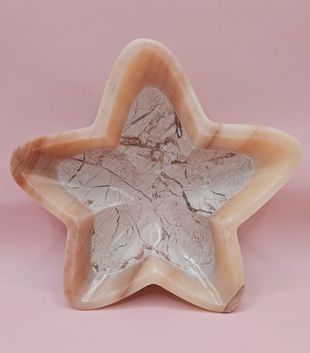 Polished Onyx Star Dish | Pale Marbled Stone | Blush & Ivory | 6.25" Point to Point