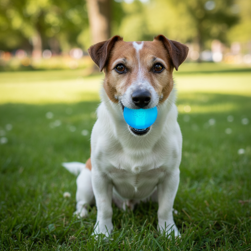 Dog with a blue ball in its mouth on a grassy field