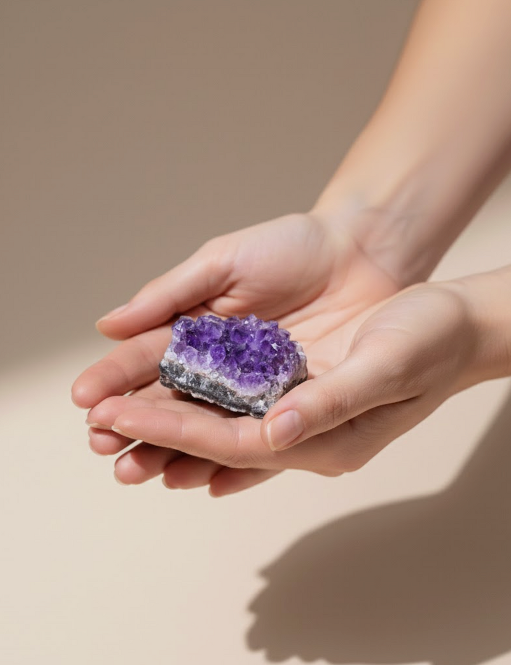 Two cupped hands holding a purple amethyst cluster with a pale quartz band and dark stone base.
