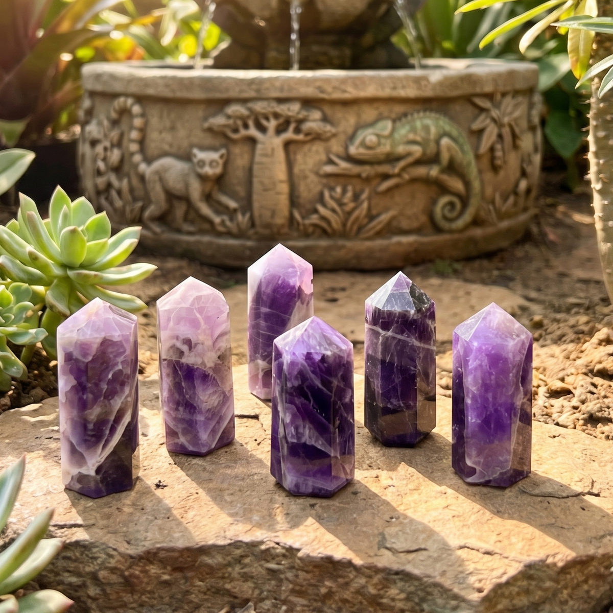 Six purple banded amethyst towers arranged on a stone slab among succulents in front of a decorative fountain