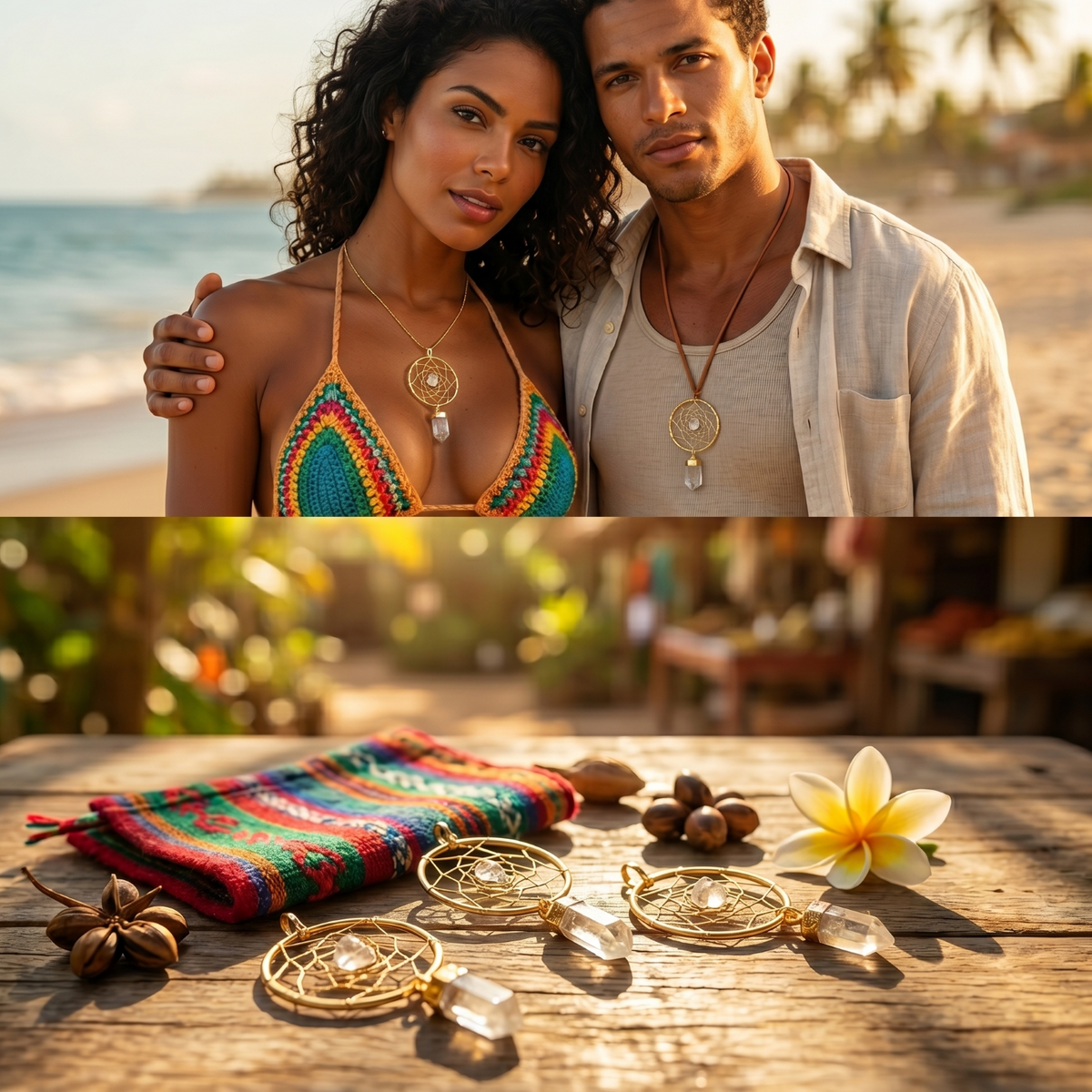 Collage showing two models wearing quartz dreamcatcher pendants at the beach and three pendants displayed on wood.
