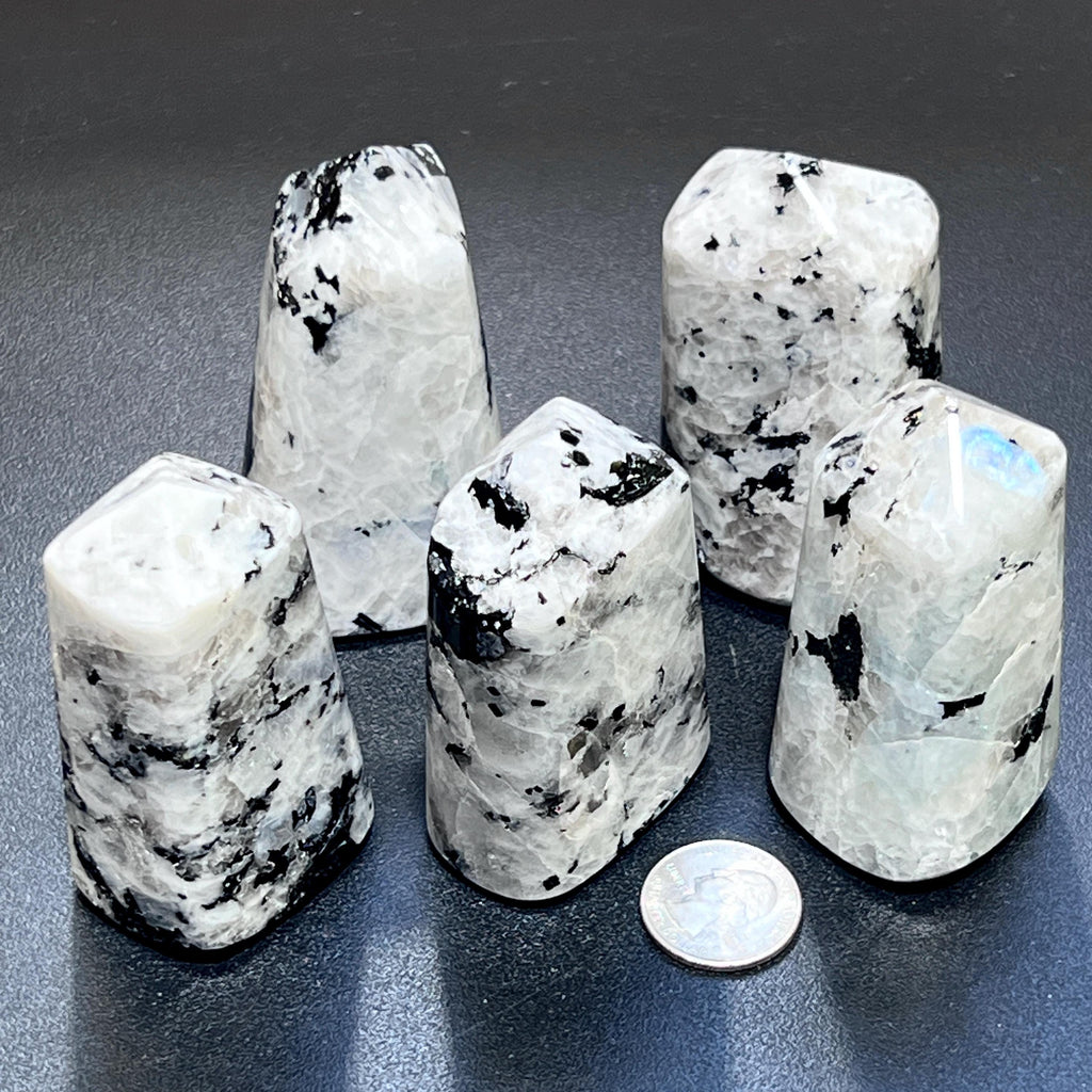 Five polished rainbow moonstone towers with black markings and a blue flash beside a coin for size comparison.
