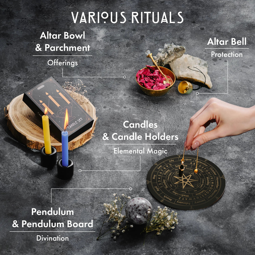 Altar bowl, spoon, bell, parchment, candles, and a hand holding a pendulum above its board.
