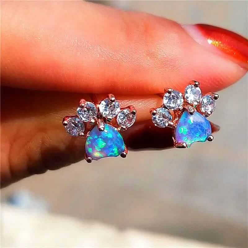 Rose Gold Opal Paw Print Stud Earrings – White, Blue & Pink | Women's Animal Jewelry