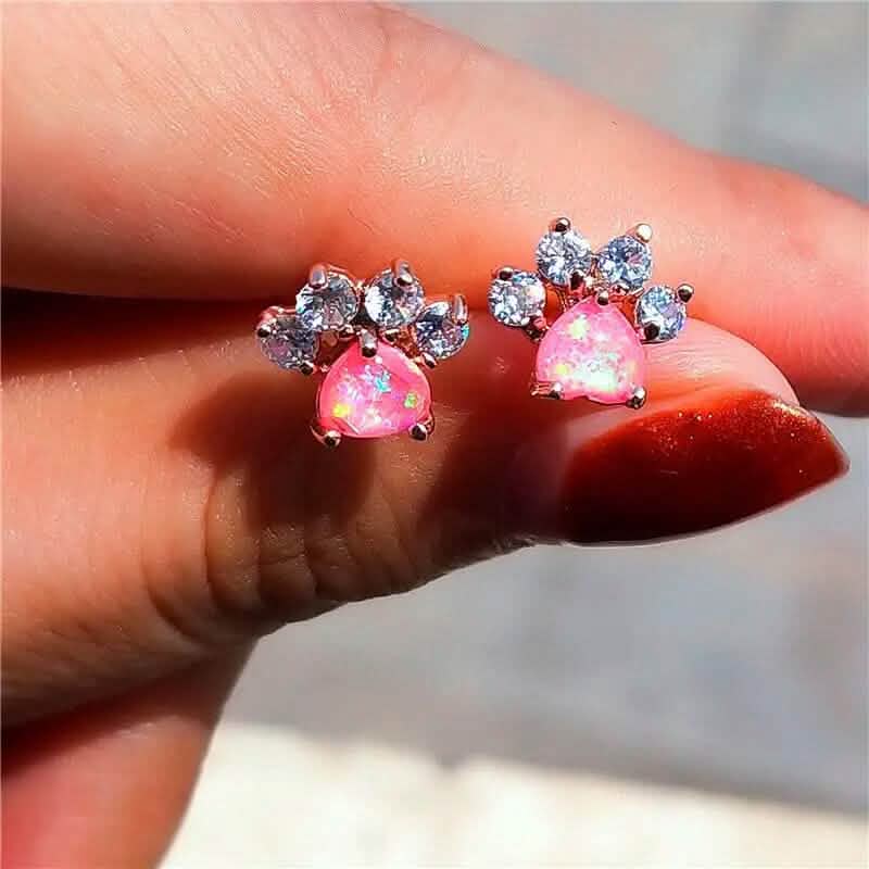 Rose Gold Opal Paw Print Stud Earrings – White, Blue & Pink | Women's Animal Jewelry