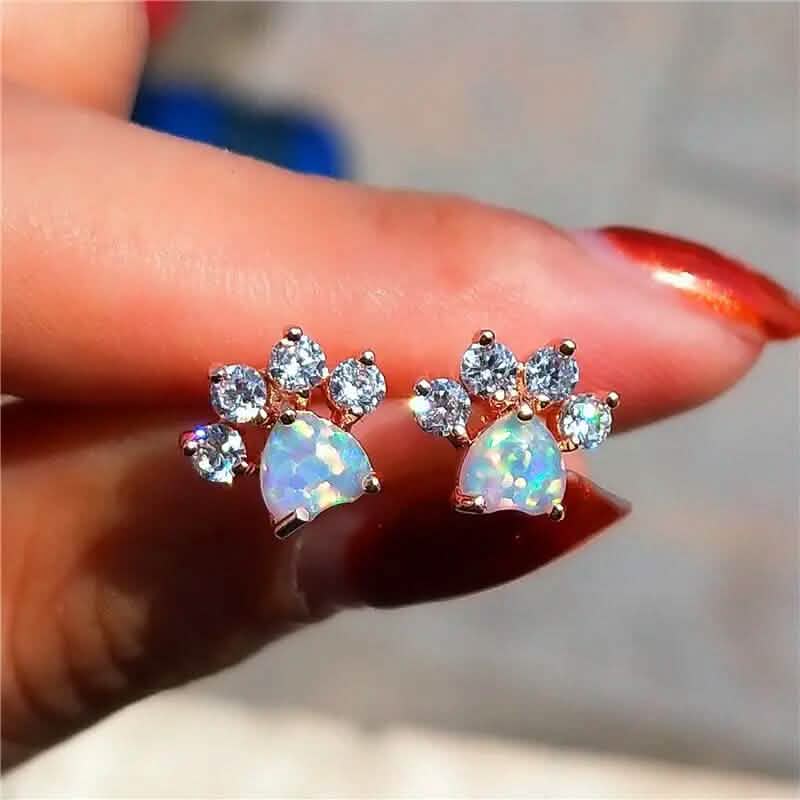 Rose Gold Opal Paw Print Stud Earrings – White, Blue & Pink | Women's Animal Jewelry
