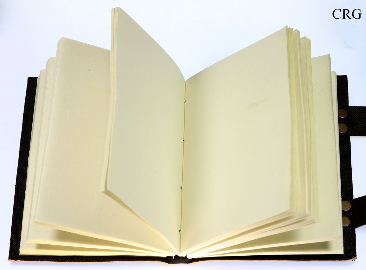 Leather journal opened to blank cream parchment pages with stitched center binding