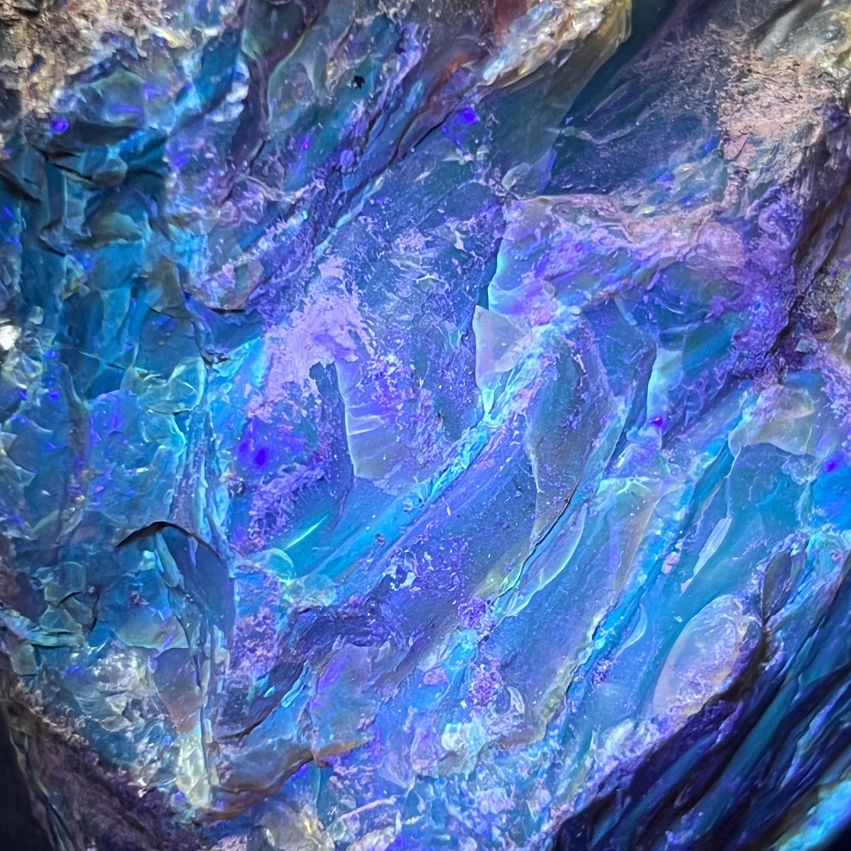 Close-up of rough black amber showing blue and purple tones under UV lighting