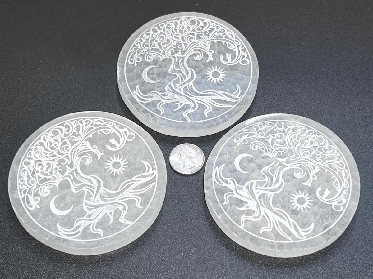 Three selenite Tree of Life plates with sun and moon engravings arranged around a quarter for size comparison.

