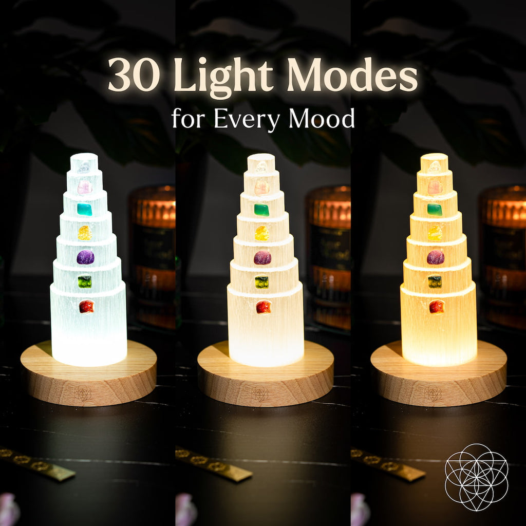 Three views of the selenite crystal lamp in cool, neutral, and warm light, advertising 30 light modes.