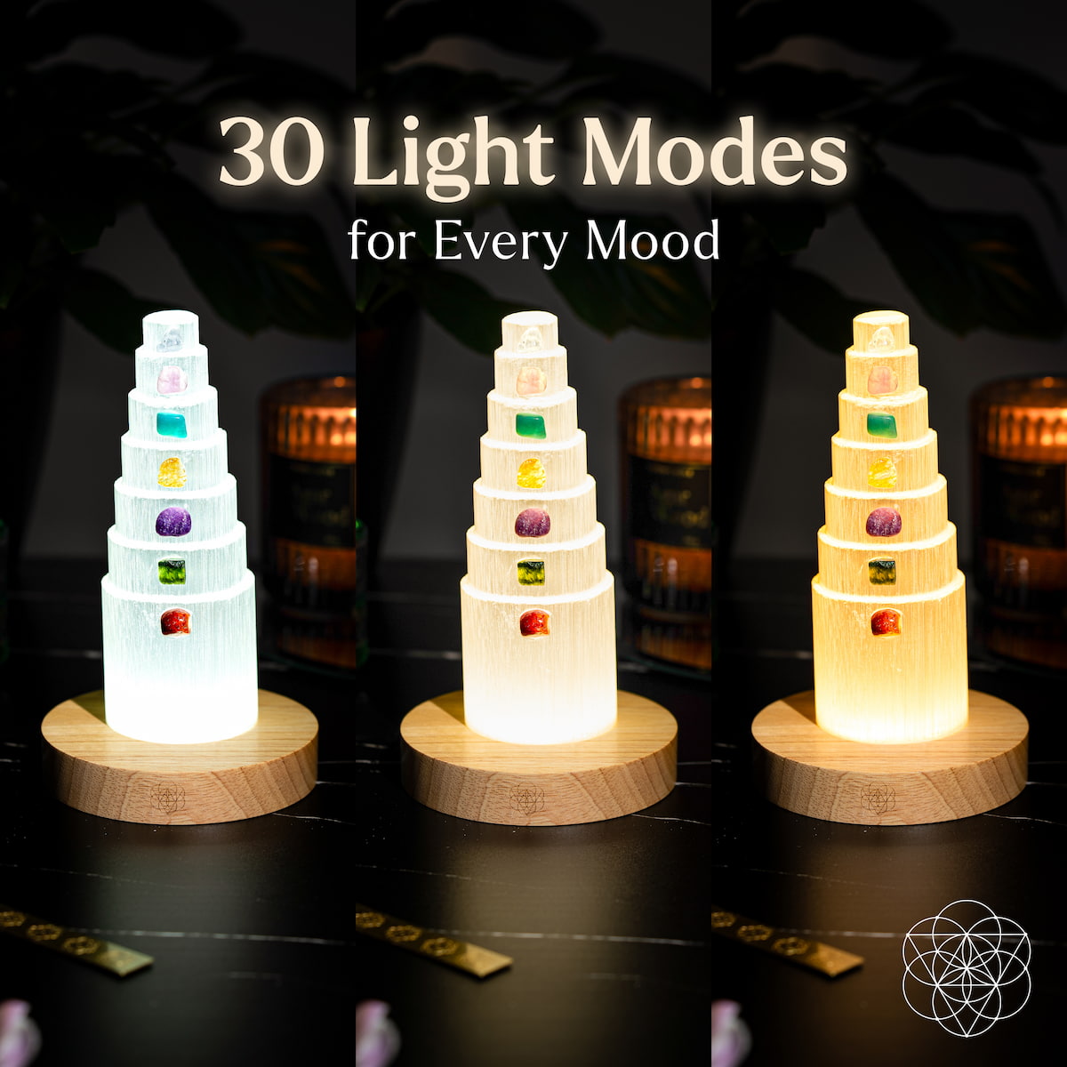 Three views of the selenite crystal lamp in cool, neutral, and warm light, advertising 30 light modes.