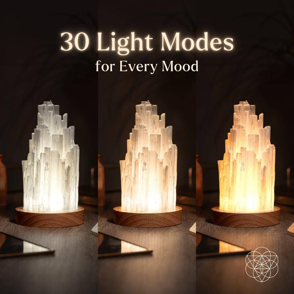 Three views of a selenite tower lamp in cool and warm lighting with text advertising 30 light modes.
