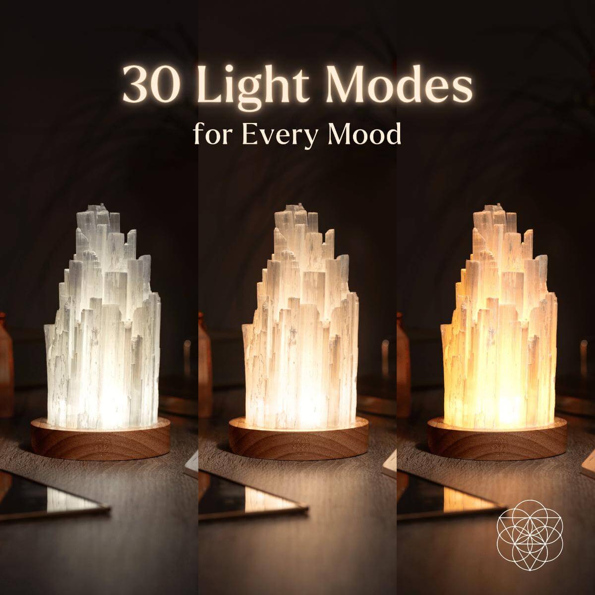 Three views of a selenite tower lamp in cool and warm lighting with text advertising 30 light modes.
