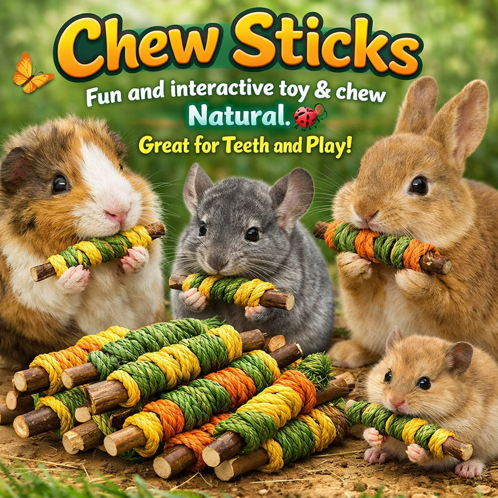 Four small animals are shown outdoors with colorful chew sticks toys in their mouths and a pile of the same toys in the foreground. Large text at the top reads 'Chew Sticks' with smaller text 'Fun and interactive toy & chew Natural Great for Teeth and Play!'.