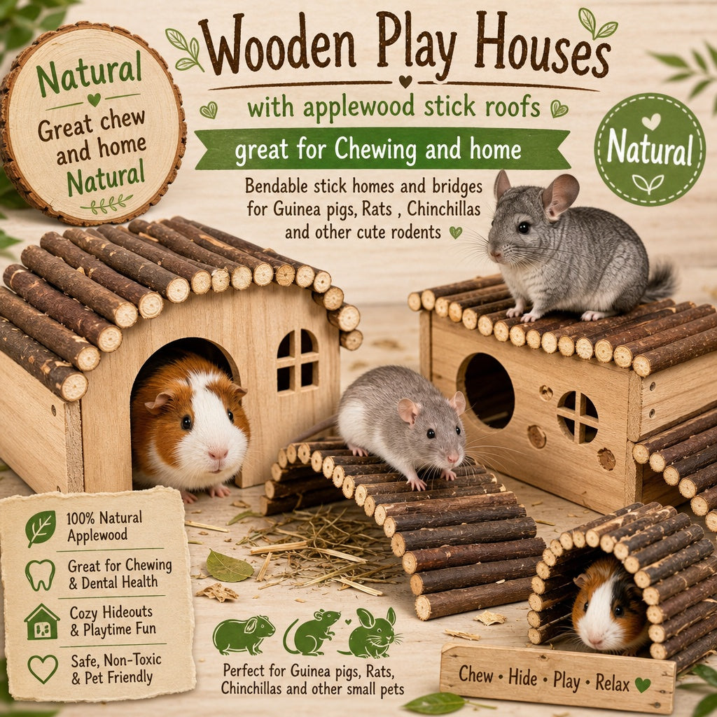 A set of natural wooden play houses and bridges for small pets, shown with a guinea pig, a chinchilla, and a rat. The product is made of natural wood and includes applewood stick roofs.