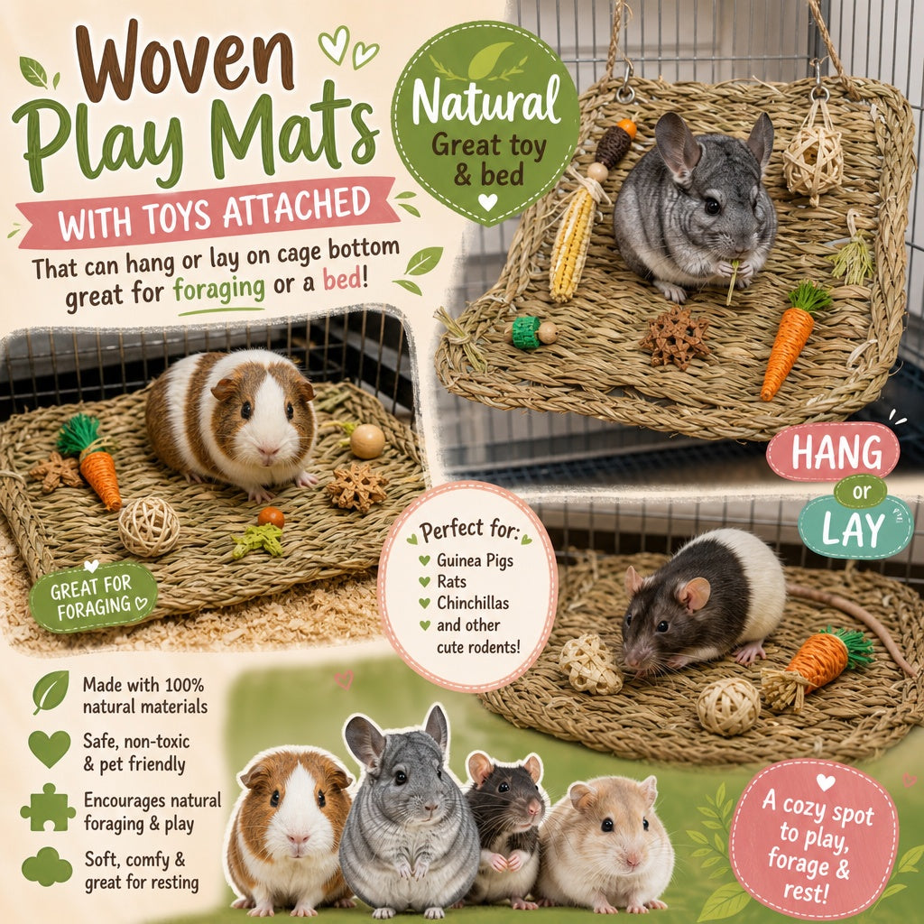 Woven play mats for small pets shown in a collage with chinchillas, guinea pigs, rats, and rabbits. The image features multiple mats, both hanging and laid flat, decorated with natural materials like raffia, jute, pinecones, and colorful toy carrots.