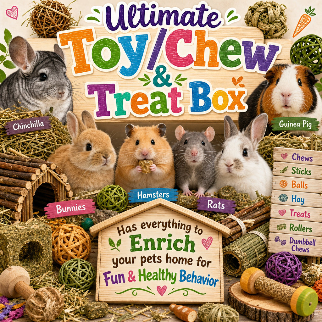 A colorful promotional graphic for an Ultimate Toy/Chew & Treat Box featuring multiple small animals including a chinchilla, rabbit, hamster, rat, and guinea pig, along with many pet toys and treats arranged in a styled scene. Text on the image includes the product title and a list of included items such as chews, sticks, balls, hay, treats, rollers, and dumdable chews.