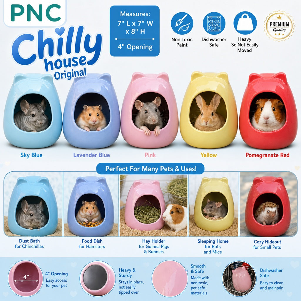 PNC Chilly House Original pet hide in multiple colors (sky blue, lavender blue, pink, yellow, and pomegranate red) shown with hamsters and other small pets, featuring product specifications, dimensions, and usage icons.