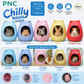 PNC Chilly House Original pet hide in multiple colors (sky blue, lavender blue, pink, yellow, and pomegranate red) shown with hamsters and other small pets, featuring product specifications, dimensions, and usage icons.
