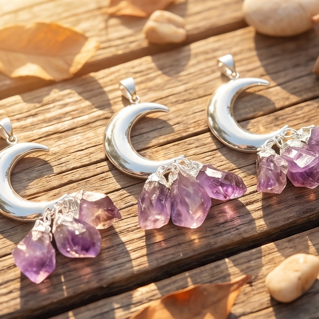 Close-up of silver-plated crescent moon pendants with purple amethyst crystal drops on sunlit wooden boards.
