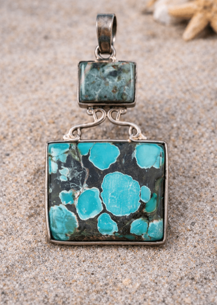 Raw Turquoise & Agate Sterling Silver Pendant – 2.5" Statement Coastal Jewelry | One of a Kind
