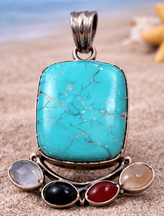 Turquoise, Chalcedony, Onyx & Carnelian Sterling Silver Pendant – Four-Stone Coastal Statement Jewelry