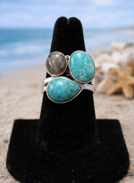 Sterling Silver Turquoise & Labradorite Ring – Three-Stone Statement | Size 6.5 | Coastal Jewelry