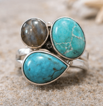 Sterling Silver Turquoise & Labradorite Ring – Three-Stone Statement | Size 6.5 | Coastal Jewelry