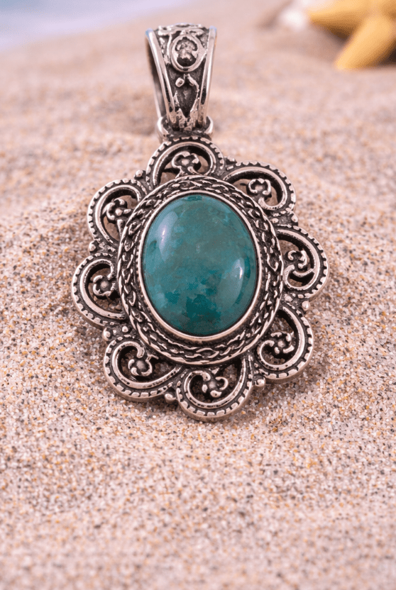 Turquoise Oval Floral Pendant | Sterling Silver | 1.5" x 1" | Vintage-Inspired Coastal Jewelry