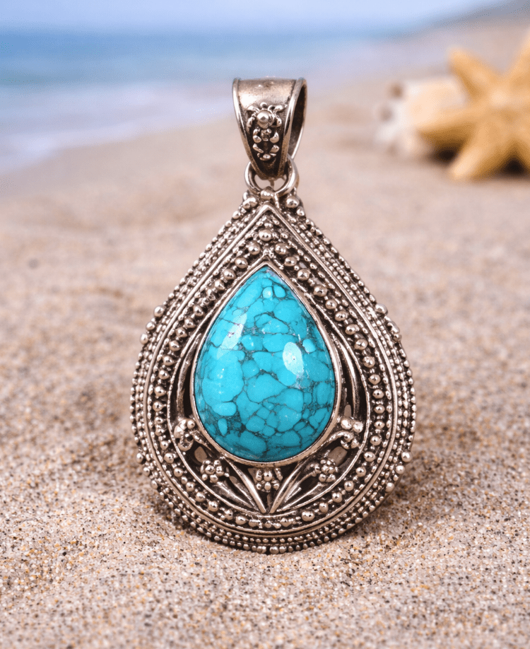 Turquoise Teardrop Sterling Silver Pendant – Ornate Setting | 2.25" Coastal Statement Jewelry