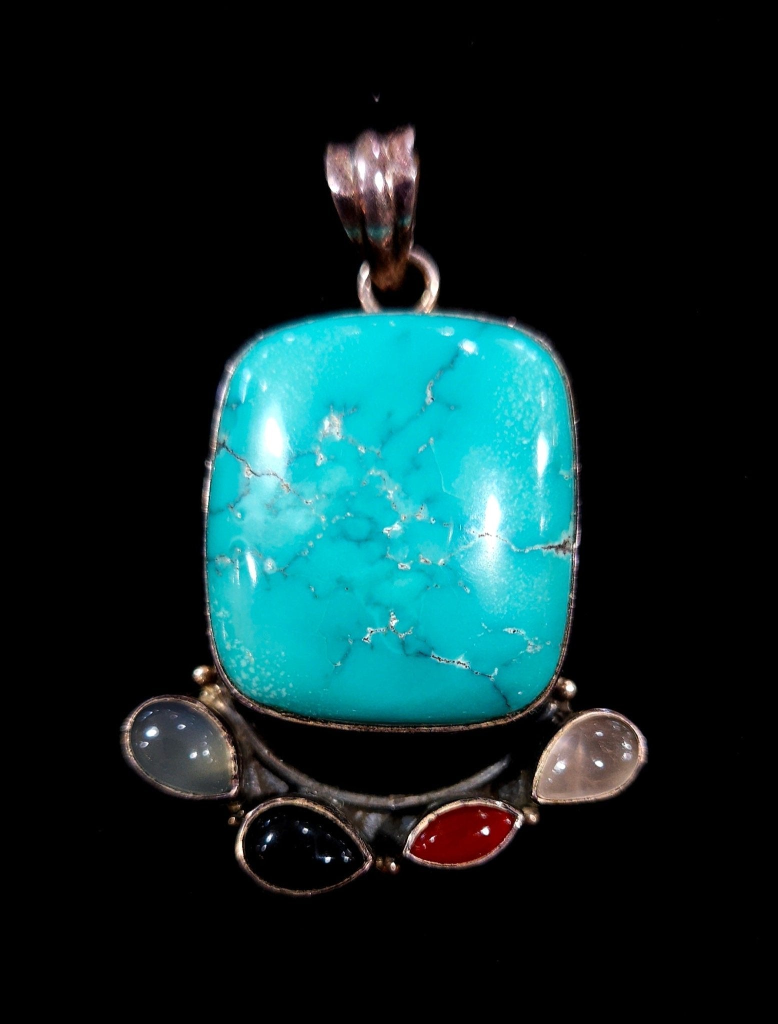Turquoise, Chalcedony, Onyx & Carnelian Sterling Silver Pendant – Four-Stone Coastal Statement Jewelry