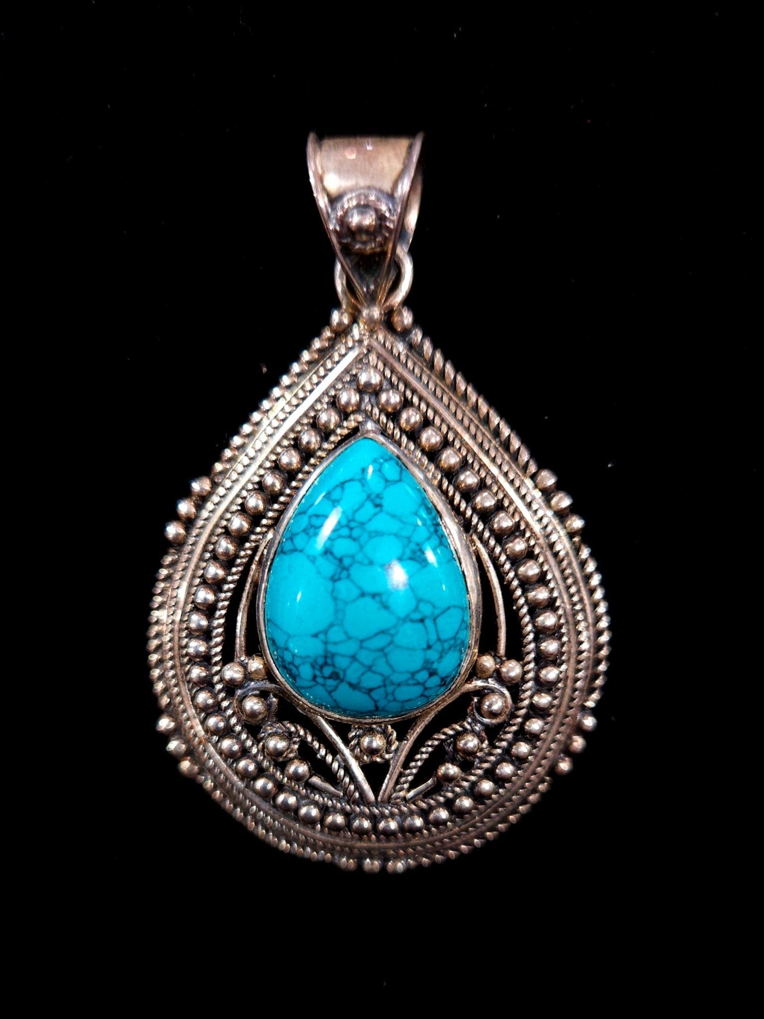 Turquoise Teardrop Sterling Silver Pendant – Ornate Setting | 2.25" Coastal Statement Jewelry