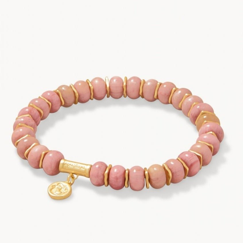 Pink Rhodonite Stone Stretch Bracelet | 8mm | 18KT Matte Gold Plated | Semi-Precious | 2.25"