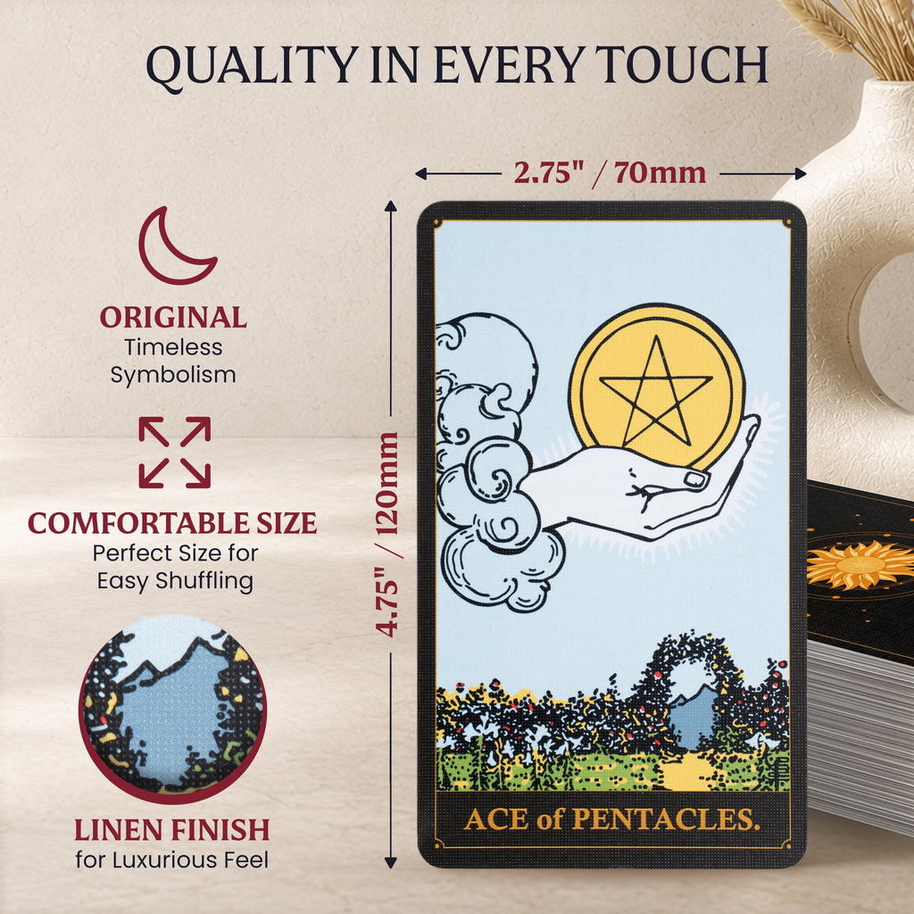 Ace of Pentacles tarot card showing its linen finish and dimensions of 2.75 by 4.75 inches.
