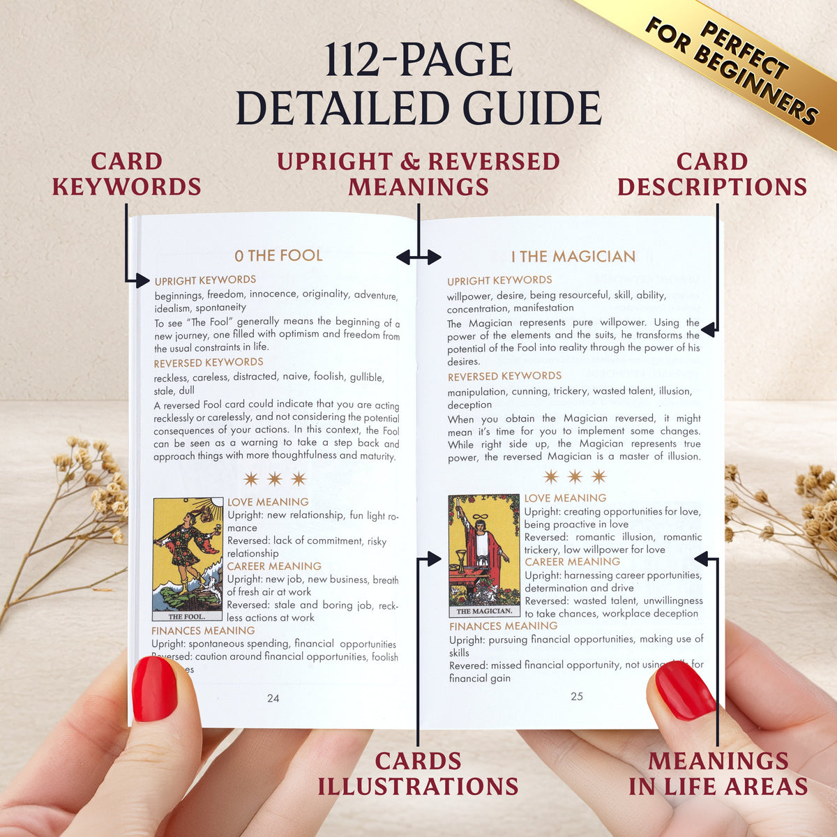Open 112-page tarot guidebook showing The Fool and The Magician with illustrations, keywords, and upright and reversed meanings.
