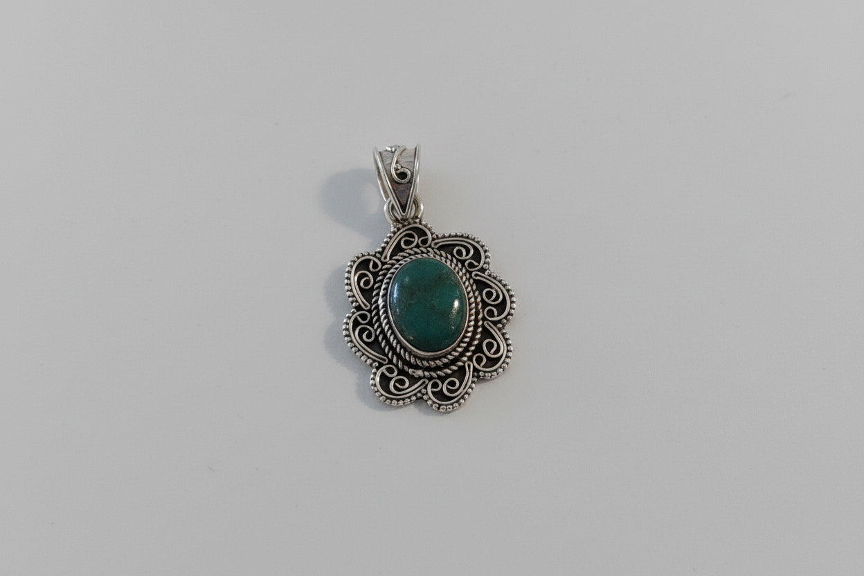 Turquoise Oval Floral Pendant | Sterling Silver | 1.5" x 1" | Vintage-Inspired Coastal Jewelry