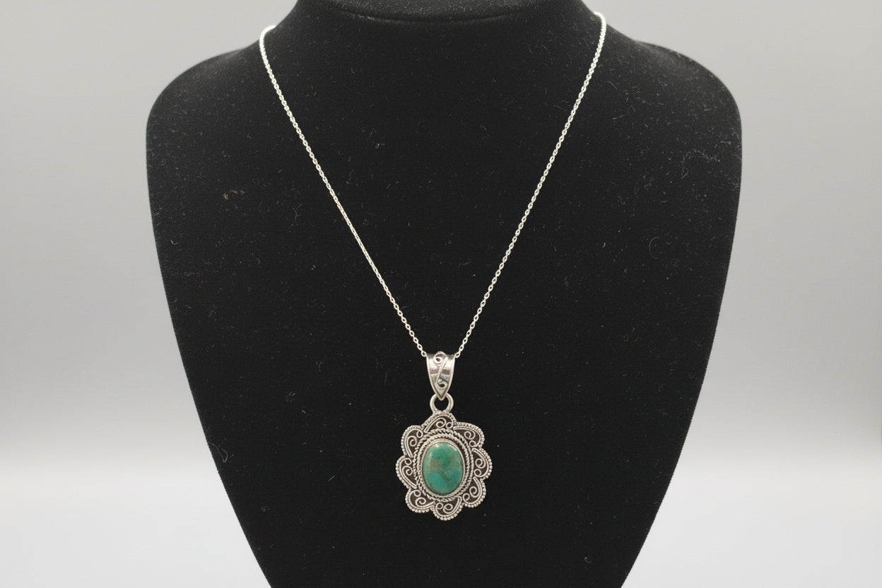 Turquoise Oval Floral Pendant | Sterling Silver | 1.5" x 1" | Vintage-Inspired Coastal Jewelry