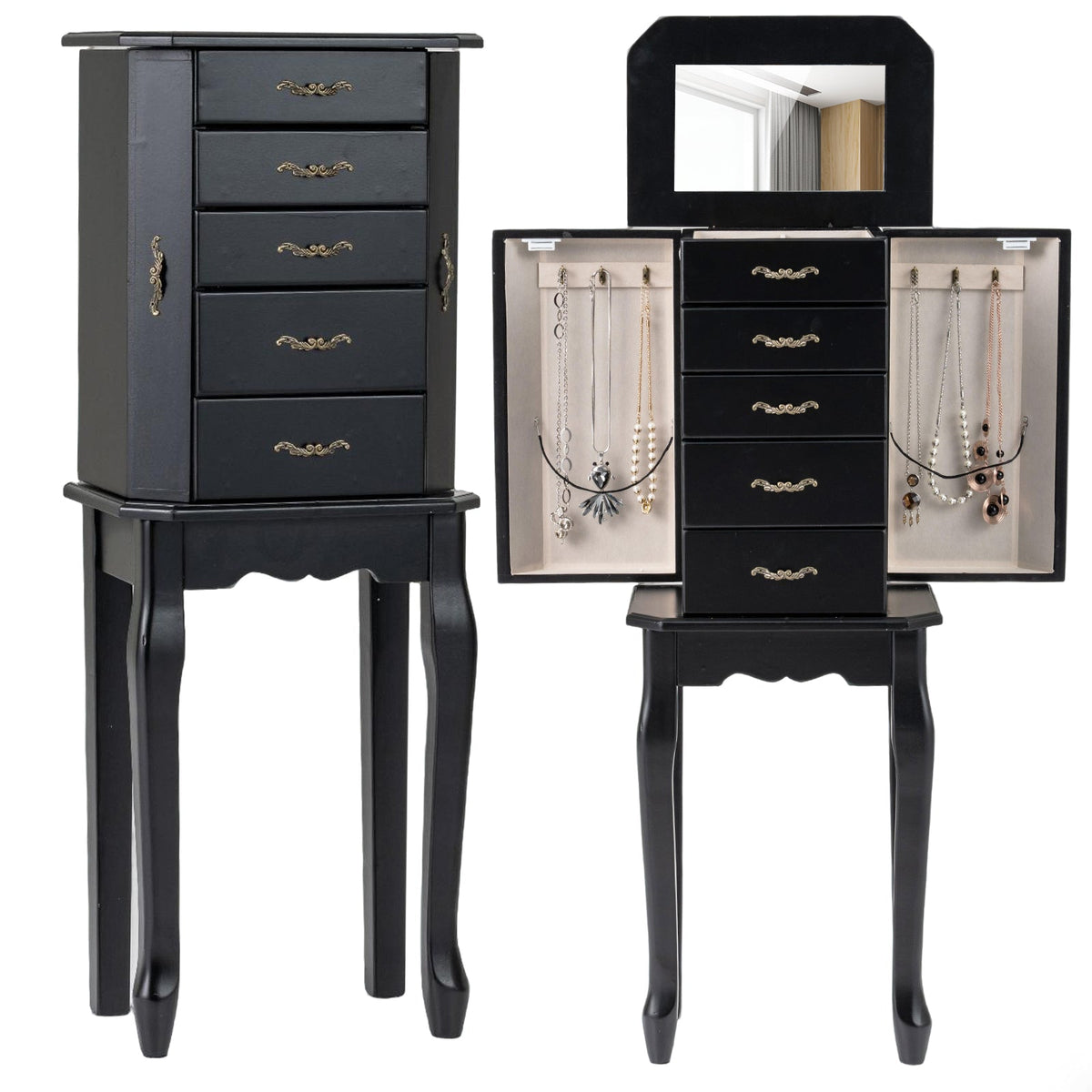 Standing Jewelry Box with Drawers & Side Doors