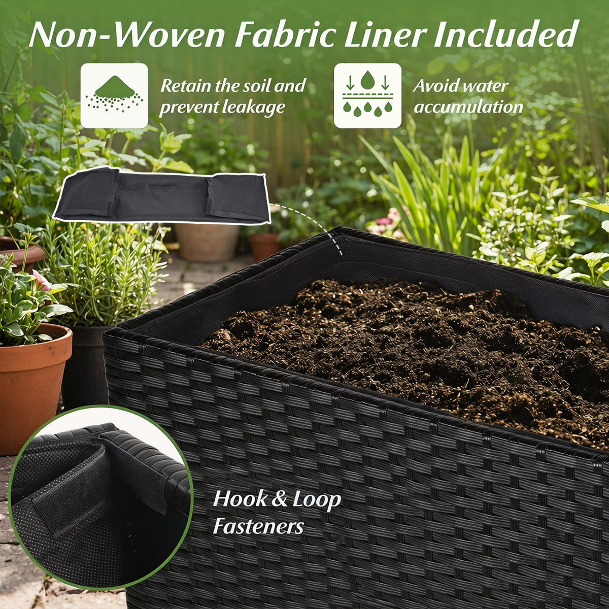 32" PE Rattan Raised Garden Bed with Liner