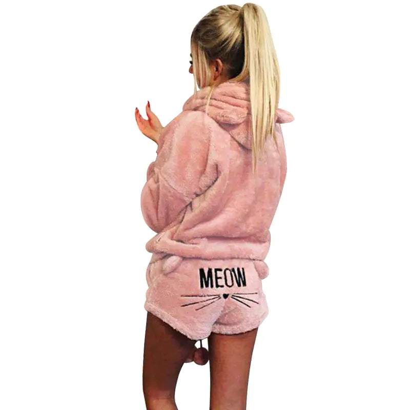 Women's Plush Hoodie & Shorts Pajama Loungewear Set