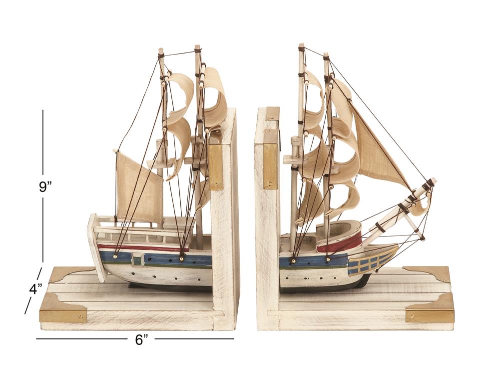 Sailboat Bookends – Distressed White Pine & Canvas | Real Rigging & Gold Accents | Set of 2
