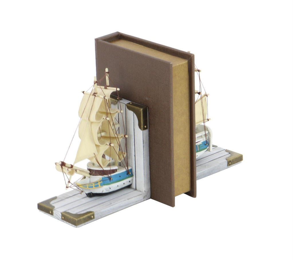 Sailboat Bookends – Distressed White Pine & Canvas | Real Rigging & Gold Accents | Set of 2