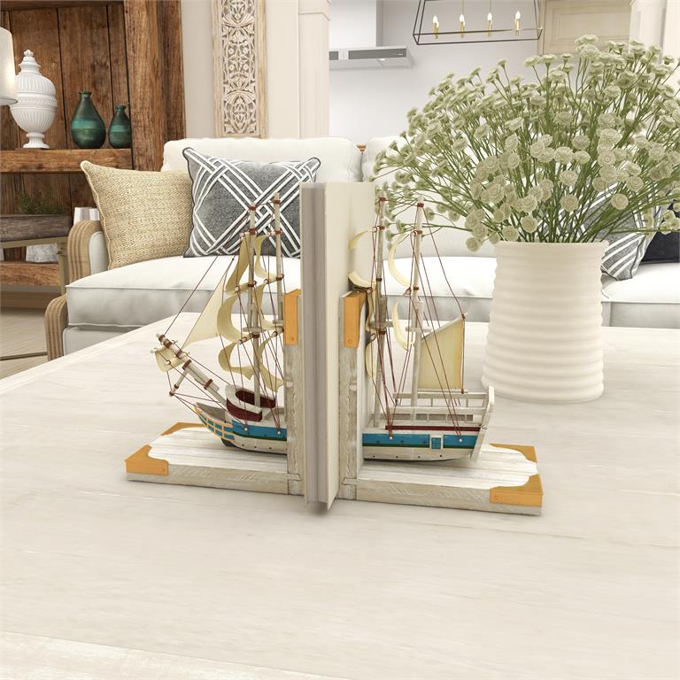 Sailboat Bookends – Distressed White Pine & Canvas | Real Rigging & Gold Accents | Set of 2